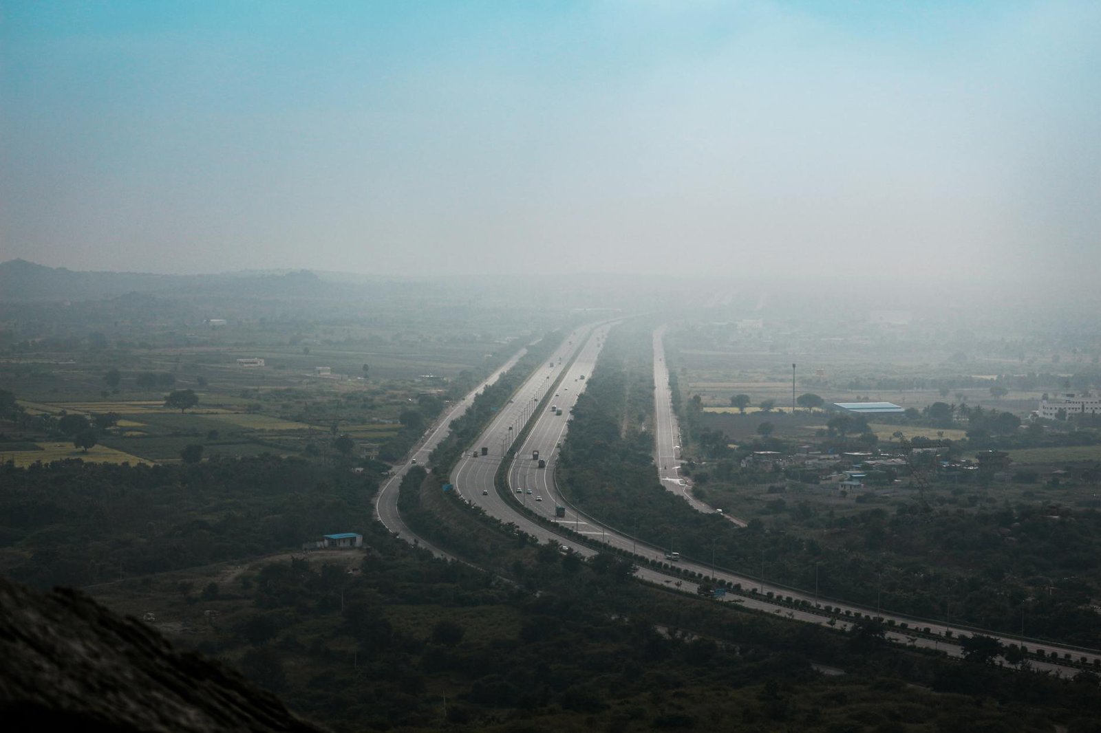 Drone shot of a highway in Hyderabad, showcasing transportation and infrastructure.